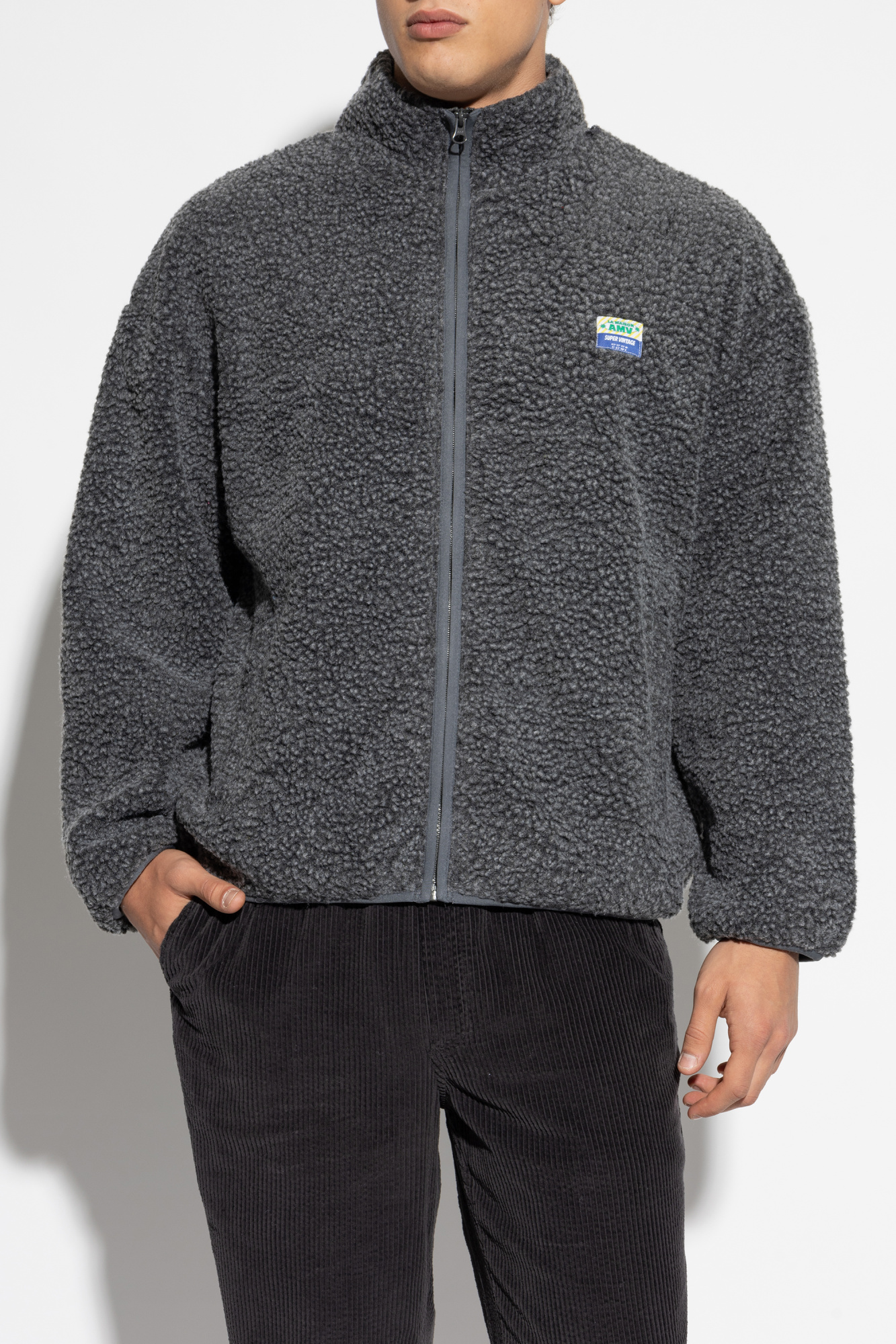 GRIS ジップアップジャケット XL 150-160 Grey Furry sweatshirt with logo patch American Vintage